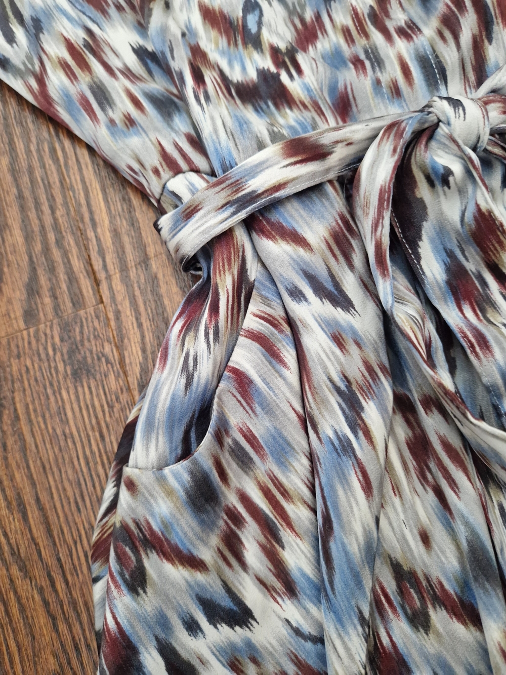 Papillon Long-Sleeve Shirtdress in Blue, Brown & White Print with Pockets